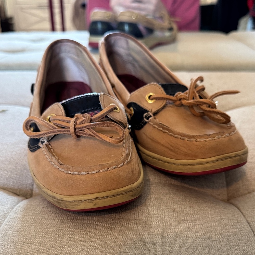 Women's Tan and Black Boat Shoes with Bow
